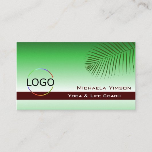 ロゴとフォトシック付き緑のグラデーションのパームリーフ 名刺 (正面)