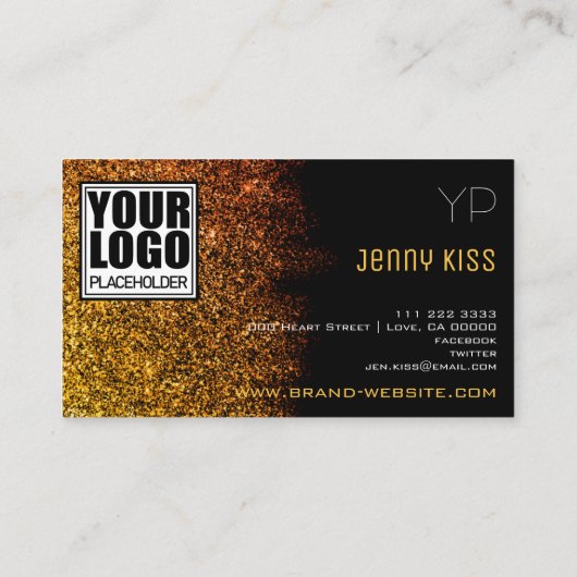 ロゴとモノグラムを使用した高級金ゴールドグリッター モダン 名刺 (裏面)