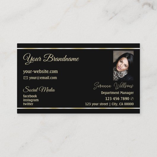 ロゴと写真が付いたシックなプレーンストライプブラックゴールデンの 名刺 (裏面)