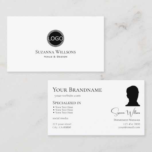 ロゴと写真が付いたシンプルな白い黒点 名刺 (正面/裏面)