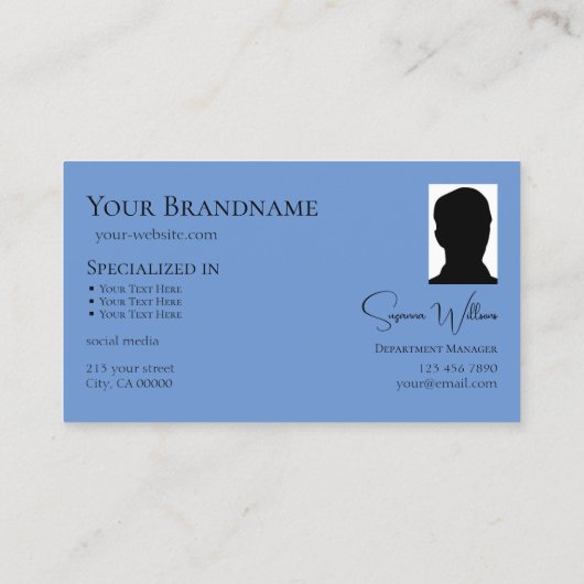 ロゴと写真が付いた上品なプレーンの黒と青 名刺 (裏面)