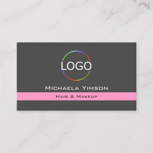 ロゴと写真が付いた濃い灰色のライトピンクモダン 名刺 (正面)