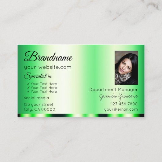 ロゴと写真が入った明るい緑の魅力 名刺 (裏面)