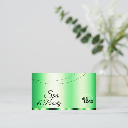 ロゴと写真が入った明るい緑の魅力 名刺 (スタンド正面)