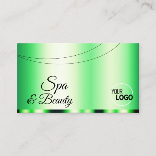 ロゴと写真が入った明るい緑の魅力 名刺 (正面)