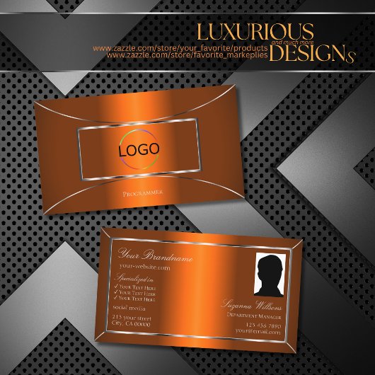 ロゴと写真が入った発光オレンジ色のシルバーデコール 名刺