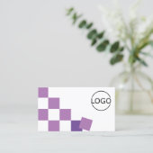 ロゴと写真が入った紫と白のチェスボードカッコいい 名刺 (スタンド正面)