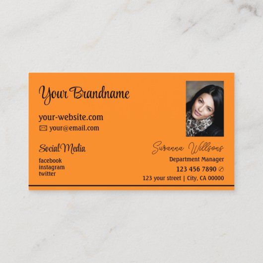 ロゴと写真ストライプ付きプレーンオレンジ色の黒い 名刺 (裏面)