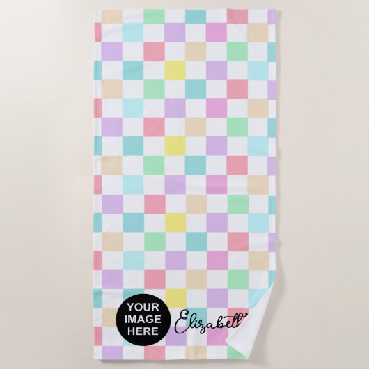 ロゴと名前パステル市松模様にカラー ビーチタオル (正面)