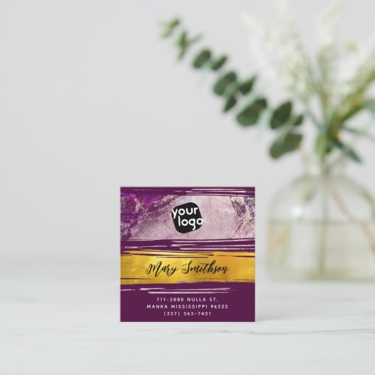 ロゴとQRコードの追加モダン金ゴールド紫パーソナライズされた スクエア名刺 (スタンド正面)