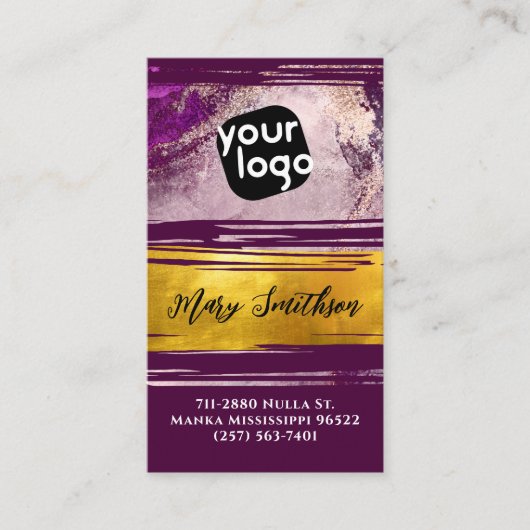 ロゴとQRコードの追加モダン金ゴールド紫パーソナライズされた 名刺 (正面)