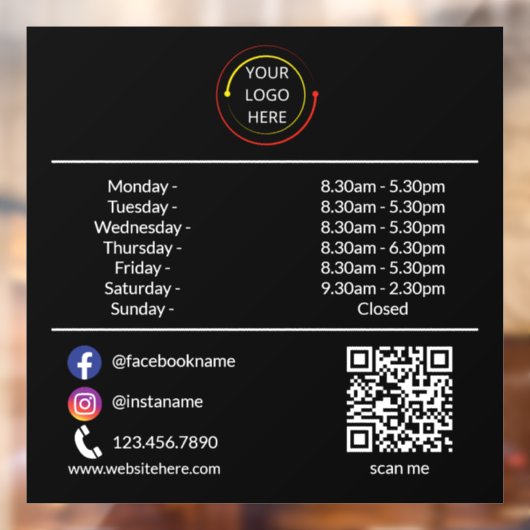 ロゴとQRコード付きカスタム営業時間窓用シール ウィンドウサイン (シート2)