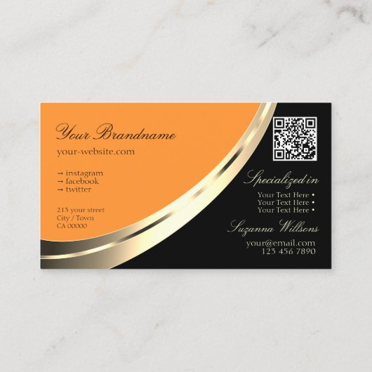 ロゴとQRコード付きブラックとオレンジの金ゴールドデコール 名刺 (裏面)