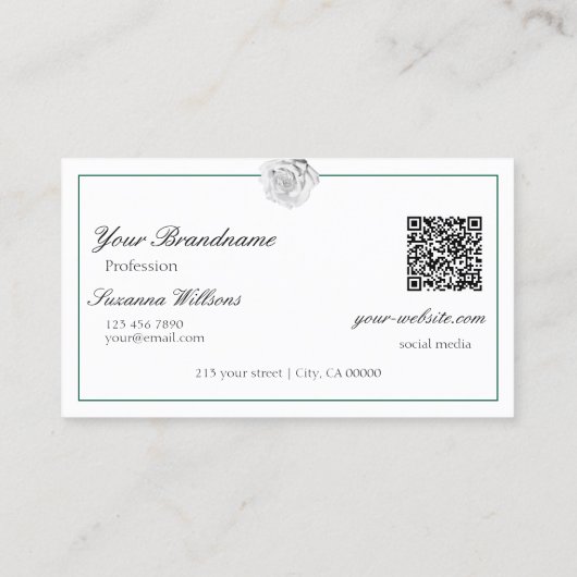 ロゴとQRコード付き緑に愛らしい白いバラ 名刺 (裏面)