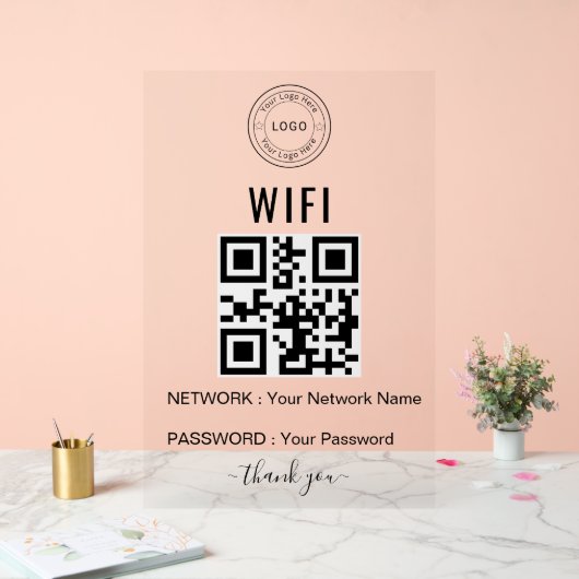 ロゴとQRコード入り オリジナル ビジネス用WiFiサイン アクリルサイン (ウェディング)