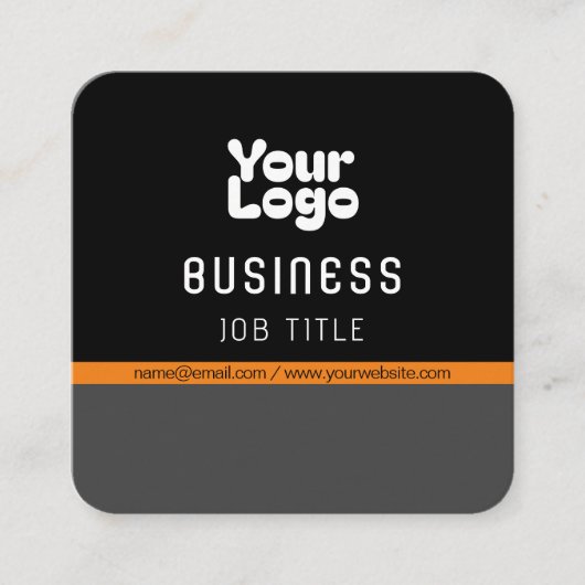 ロゴのアップロード |黒いグレーとオレンジ(編集可能) スクエア名刺 (正面)