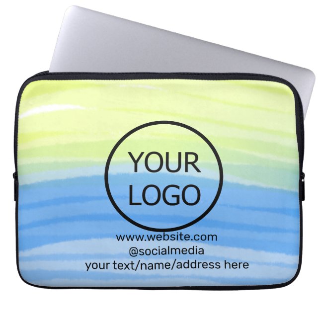 ロゴのビジネス名の追加文字水の色のアドレス ラップトップスリーブ (正面)