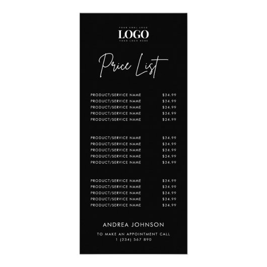 ロゴのミニマルなブラックスクリプトサービスの価格表 ラックカード (正面)