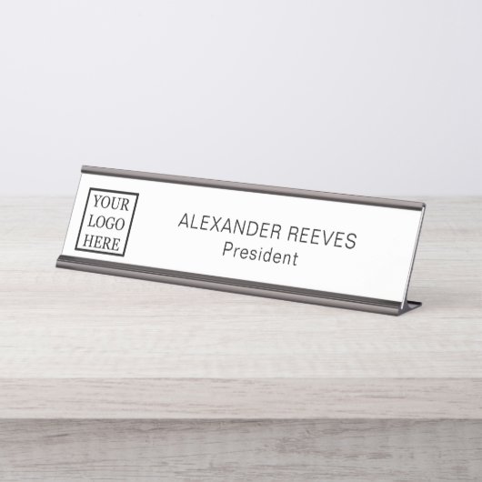 ロゴのミニマルな白黒ビジネスの追加 デスクネームプレート (正面)