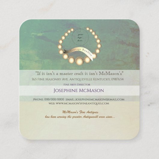 ロゴの古いティール（緑がかった色）と金ゴールドカラーボーブル スクエア名刺 (裏面)