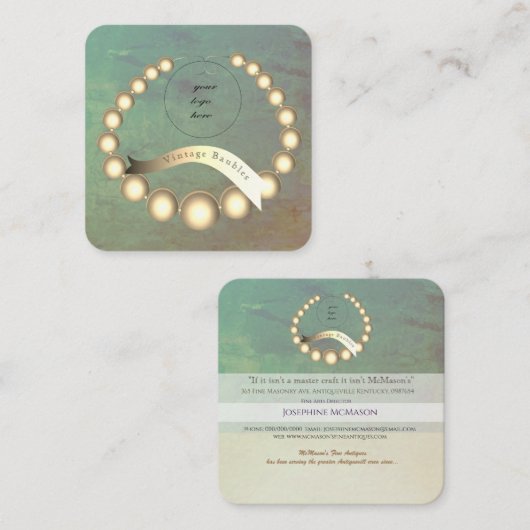 ロゴの古いティール（緑がかった色）と金ゴールドカラーボーブル スクエア名刺 (正面/裏面)