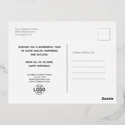 ロゴの手書きスクリプトのミニマルなビジネス誕生日 箔シーズンポストカード (裏面)