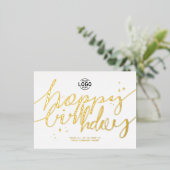 ロゴの手書きスクリプトのミニマルなビジネス誕生日 箔シーズンポストカード (立ち正面)