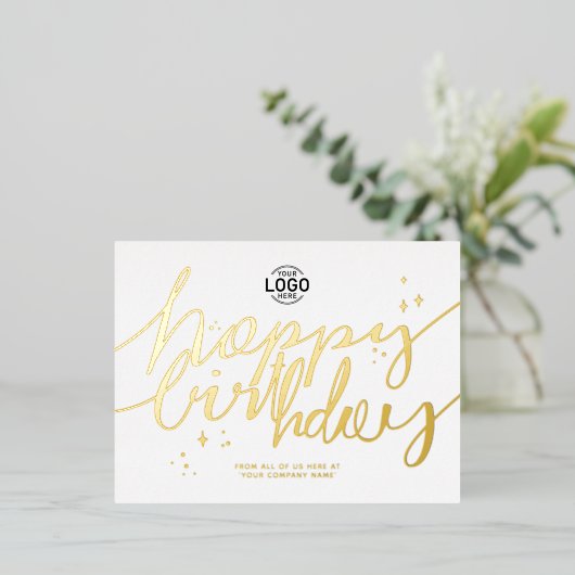 ロゴの手書きスクリプトのミニマルなビジネス誕生日 箔シーズンポストカード (立ち正面)