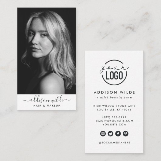 ロゴの縦型モダン写ミニマル真を追加 名刺 (正面/裏面)