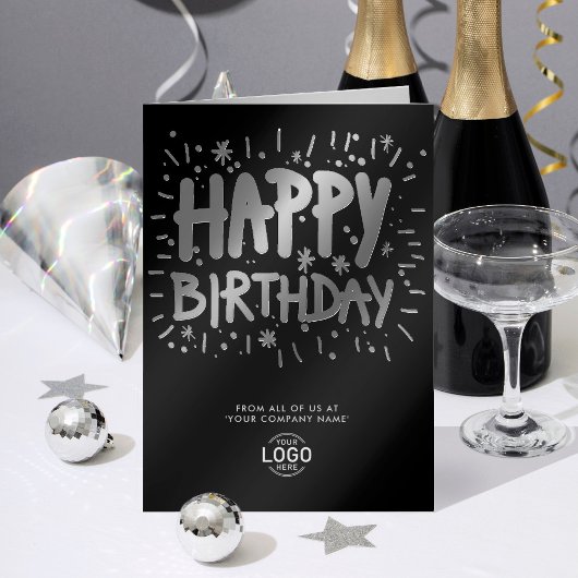 ロゴの追加おもしろいドードルハッピーバースデーブラックシルバー 箔グリーティングカード