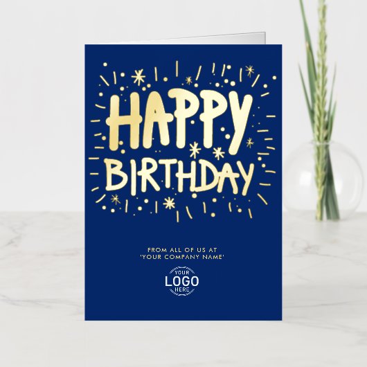 ロゴの追加おもしろいネイビーブルードードルハッピーバースデー金ゴールド 箔グリーティングカード (正面)