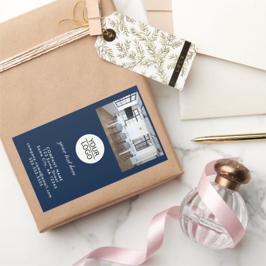 ロゴの追加カスタム文字フォトプロモーション青 長方形シール (ギフト)