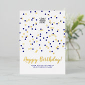 ロゴの追加ゴールドフォイルブルー紙吹雪ビジネス誕生日 箔招待状 (立ち正面)
