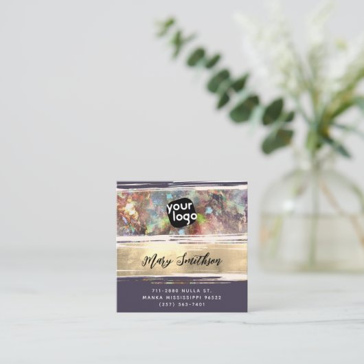 ロゴの追加ソーシャルメディアとQRコードモダンOpal金ゴールド スクエア名刺 (スタンド正面)