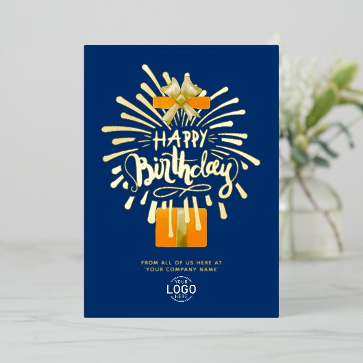 ロゴの追加ネイビーブルーオレンジ花火大会グループ誕生日 箔招待状 (立ち正面)