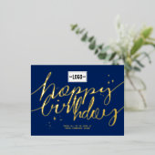 ロゴの追加ハンドスクリプトNavy Blueビジネス誕生日 箔シーズンポストカード (立ち正面)