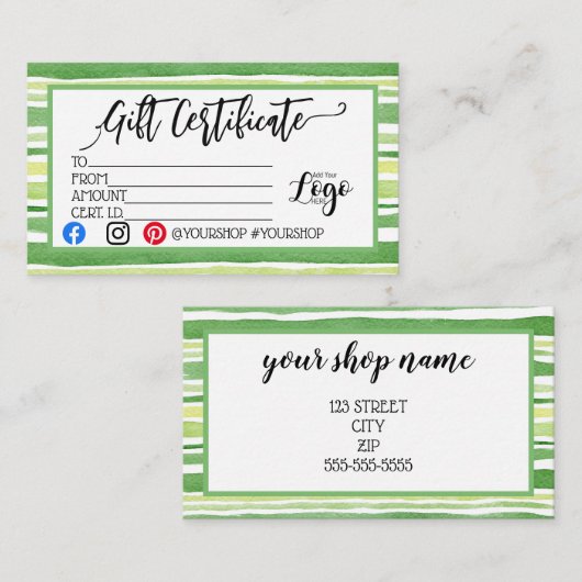 ロゴの追加ビジネスギフト証明書のマーケティング 名刺 (正面/裏面)