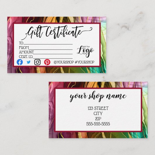 ロゴの追加ビジネスギフト証明書のマーケティング 名刺 (正面/裏面)