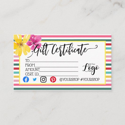 ロゴの追加ビジネスギフト証明書のマーケティング 名刺 (正面)