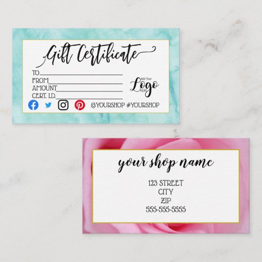 ロゴの追加ビジネスギフト証明書のマーケティング 名刺 (正面/裏面)