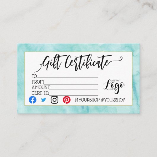 ロゴの追加ビジネスギフト証明書のマーケティング 名刺 (正面)