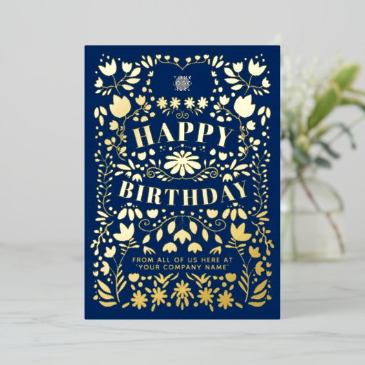 ロゴの追加フォーク花ビジネス海軍ゴールドフォイルカード 箔招待状 (立ち正面)