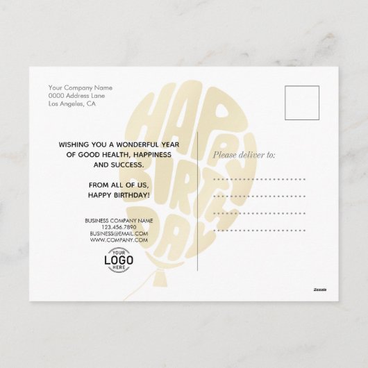 ロゴの追加金ゴールドグリッターバルーンビジネス誕生日 シーズンポストカード (裏面)