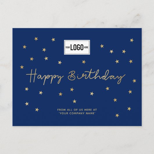 ロゴの追加金ゴールドスターズブルービジネスハッピーバースデー シーズンポストカード (正面)