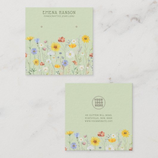 ロゴの追加、イヤリングワイルドフラワーグリーンディスプレイ スクエア名刺 (正面/裏面)