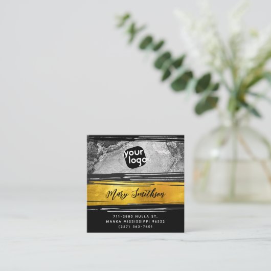 ロゴの追加, QRコードソーシャルメディア金ゴールドブラック炭 スクエア名刺 (スタンド正面)