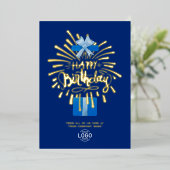 ロゴの追加Blue Gift Box Fireworksビジネス誕生日 箔招待状 (立ち正面)