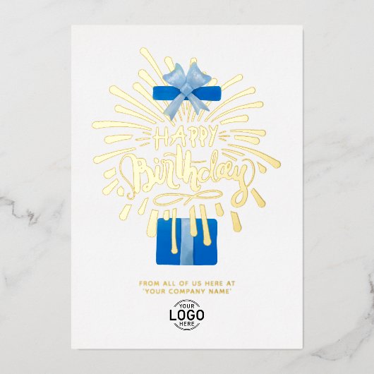 ロゴの追加Blue Gift Box Fireworksビジネス誕生日 箔招待状 (正面)