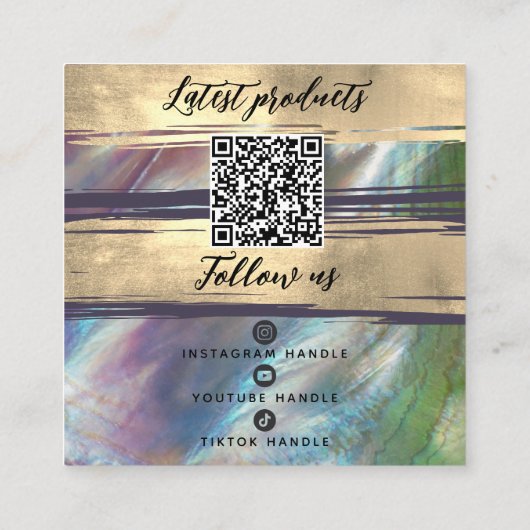 ロゴの追加QRコードソーシャルメディア金ゴールドマザーオブパール スクエア名刺 (裏面)