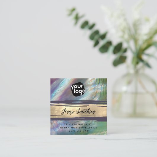 ロゴの追加QRコードソーシャルメディア金ゴールドマザーオブパール スクエア名刺 (スタンド正面)